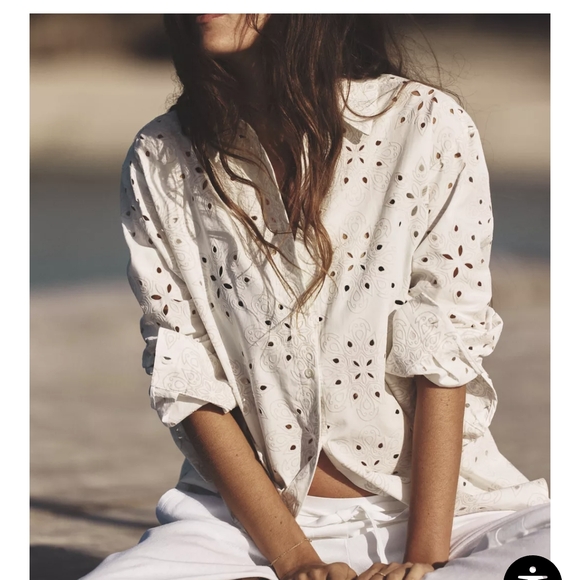 Zara Tops - Zara Embroidered Perforated Rubberized White Eyelet Button-Up Shirt XS Large NWT